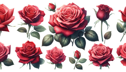 Collection of Red Roses in Various Stages of Bloom on Transparent background