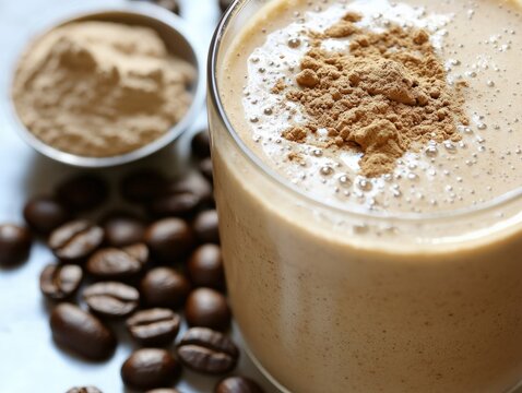 A close-up of a frothy coffee protein shake, with coffee beans and a scoop of protein powder arranged next to it, showcasing the creamy texture and nutritional benefits of this delicious blend