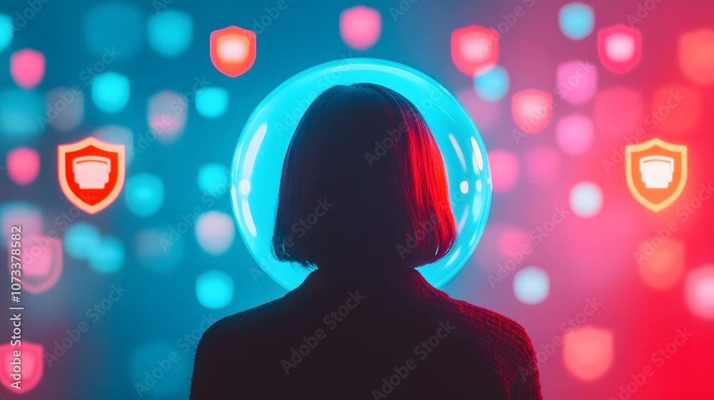 Poster abstract representation of digital security featuring a silhouette of a person surrounded by colorfu