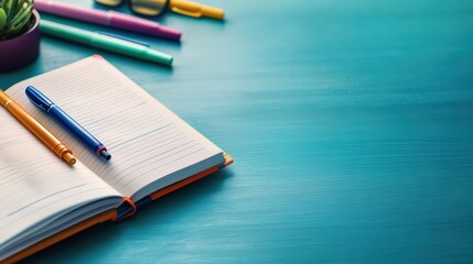 Open notebook with colorful pens, perfect for planning and creative writing.