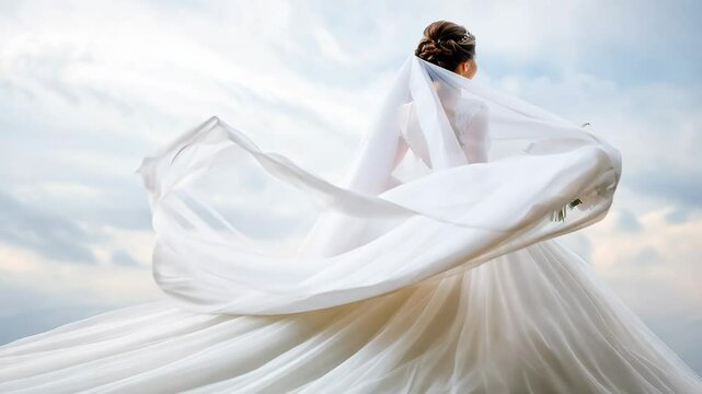Back view of a bride holding a bouquet, wearing a flowing wedding gown and veil, set against a soft sky background