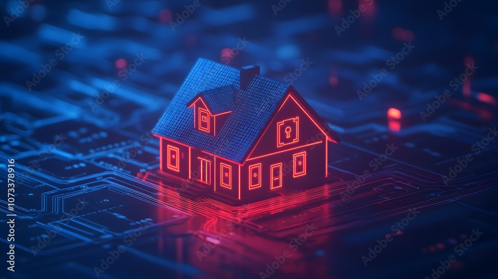 Poster digital house concept with neon lights representing smart home technology and cybersecurity, showcas