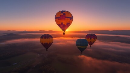 Obraz premium A photo of hot air balloons rising above the foggy valley at sunrise