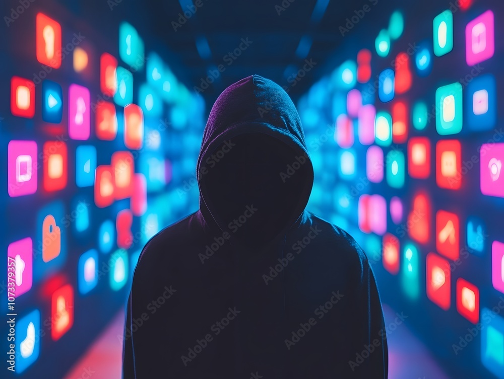 Aufkleber mysterious figure in hoodie surrounded by colorful digital icons representing technology, security, 