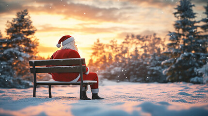 Weihnachtsmann auf Bank im Winter Wald mit Schnee