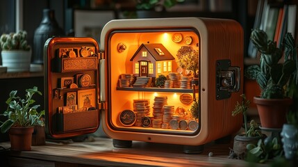 Cozy Safe with House Model and Coins Displayed, Illuminated Warmly Amidst Indoor Plants Showcasing Wealth, Security, and Home Investment Concepts