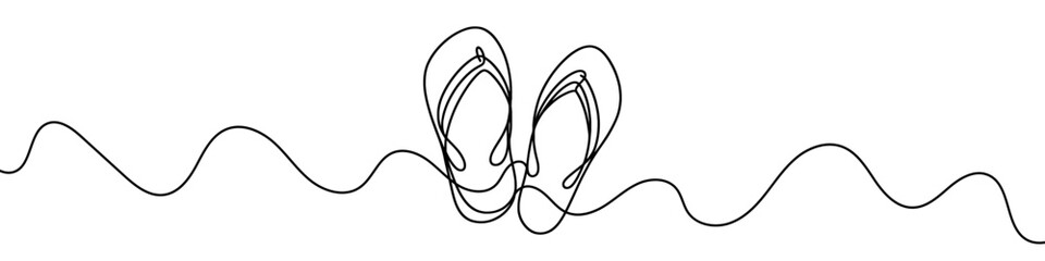 One continuous line illustration of flip-flops, isolated on white background. Line art of flip-flops.