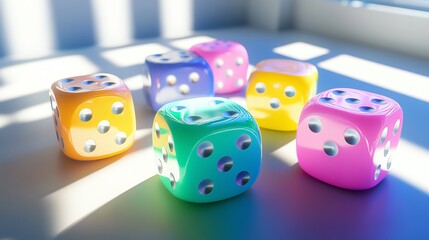 Illustrate an eye-level angle rendering of colorful dice with shadows