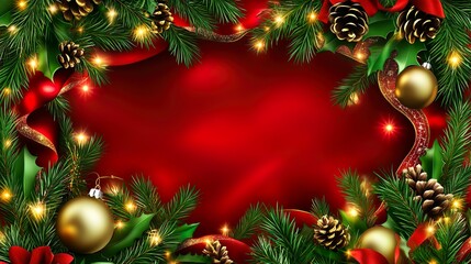 Christmas Holiday Background with Pine Needles Golden Lights on Red