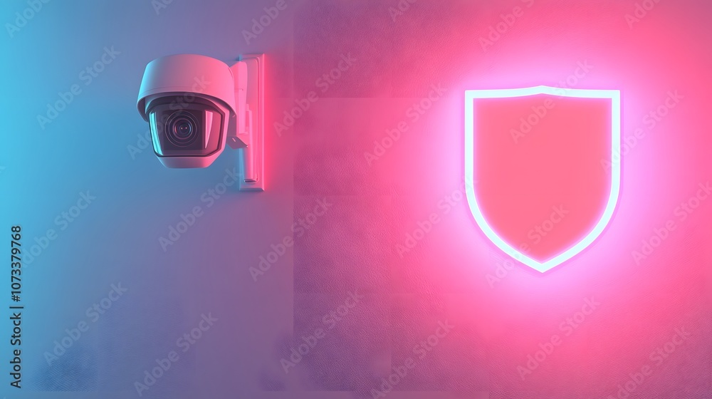Poster modern security camera with neon shield emblem in blue and pink gradient background for vigilance an