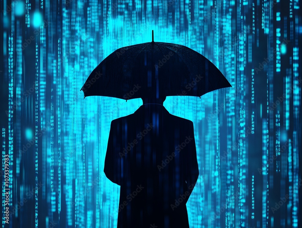 Fototapete Silhouette of a Person with an Umbrella Against a Binary Code Rain Background Symbolizing Digital Protection and Data Privacy in a Futuristic Environment