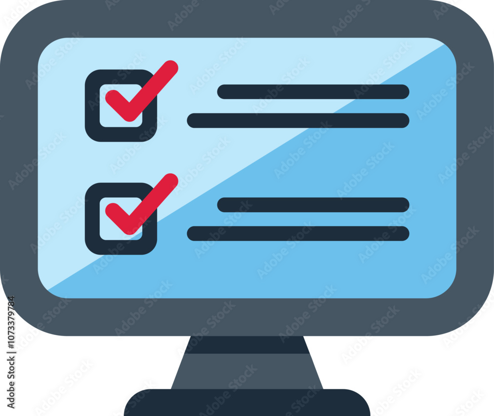 Poster computer monitor displaying checklist with marked checkboxes, representing online survey or task com