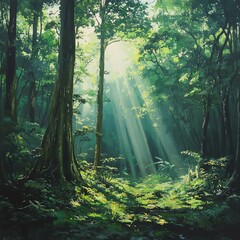 Obraz premium Present a wide-angle view of a mystical forest, highlighting towering trees and dappled sunlight filtering through lush foliage