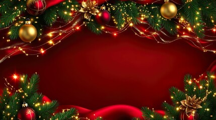 Golden Ornaments and Pine Branches Christmas Frame with Festive Glow