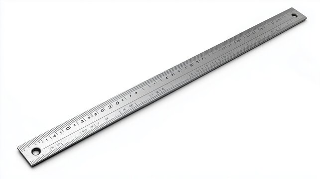 A ruler with the numbers 1 through 12 on it. The ruler is silver and is laying on a white background
