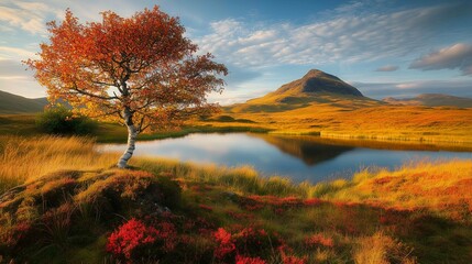 A breathtaking view of a mountain range with red, yellow, and green trees in the foreground and a dramatic sky with clouds.
