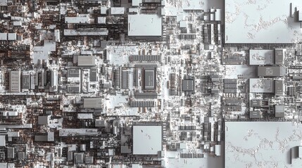 Abstract circuitry network displayed in microchip pattern, forming a tech-related texture suitable for advertisements, posters, and digital designs