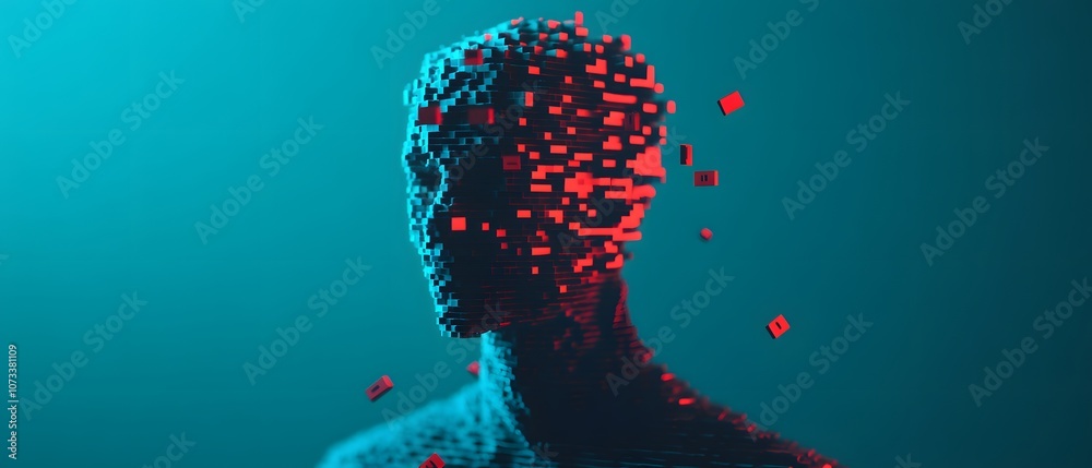 Aufkleber Abstract Representation of Digital Transformation with Fragmented Human Figure Evolving in Vibrant Colors and Geometric Shapes Against a Futuristic Background