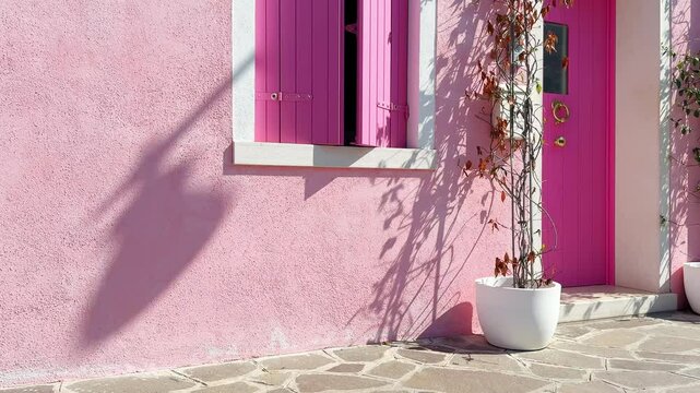 Colorful architecture in Burano island, Venice, Italy. Pink door and window on pink painted facade of the house. Decorative flowers near the door. Famous travel destination
