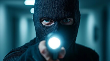 Closeup of masked burglar hand holding flashlight, intense shadows, suspenseful atmosphere, intruder, anticipation, closeup