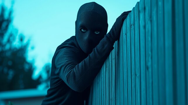 Masked intruder climbing fence in the moonlight, quiet suburban neighborhood, burglar, suburb, stealth