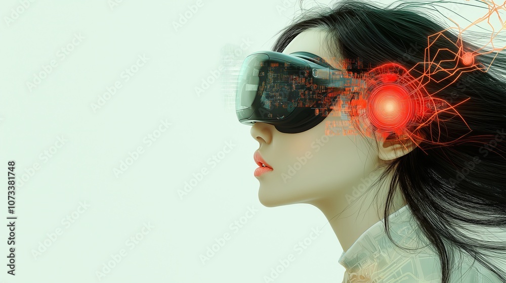 Poster girl in hi-tech vr glasses with elements of artificial intelligence. background in a high-tech style