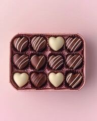 Heart Shaped Chocolates in Box on Pink Background