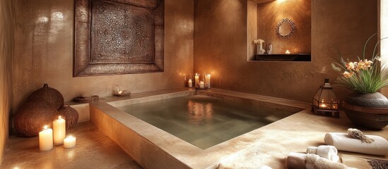A luxurious bathroom with a bathtub, candles, and a vase with flowers.