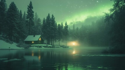 Fototapeta premium Northern Lights Over a Tranquil Forest Lake 