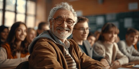 smiling senior man in classroom happy students elderly education ultra realistic photo warm cinematic light studying mature man learning diverse class