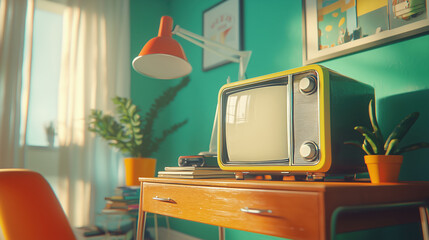 Retro Vibes: Vintage TV on Cluttered Desk in Golden Light