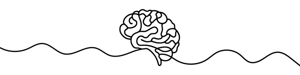 One continuous line illustration of a human brain, isolated on white background. Line art of human brain