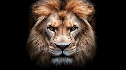 Fototapeta premium The majestic lion stares directly at the camera with powerful intensity in this striking close-up image