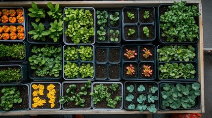 An overhead view of a wooden tray filled with various seedlings in individual pots.