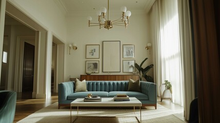 A Typical American Living Room with Light Beige Walls, Dark Hardwood Flooring, Modern Furniture
