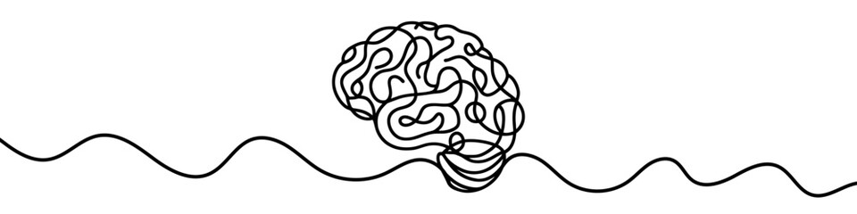 One continuous line illustration of a human brain, isolated on white background. Line art of human brain