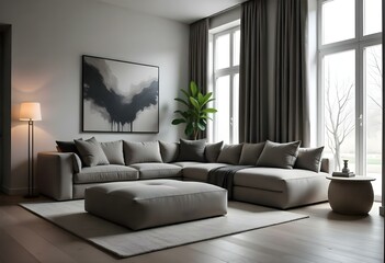 A modern and minimalist living room with a large gray sectional sofa, round ottomans, and a large abstract painting on the wall.