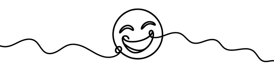 Simple line art illustration of a laughing face emoji on a white background. Vector illustration.