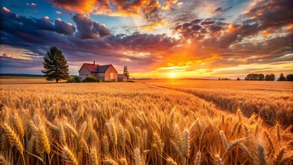 Fototapeta premium A solitary farmhouse stands amidst a golden field of wheat, bathed in the warm glow of a vibrant sunset, with clouds painted in hues of orange, purple, and blue.