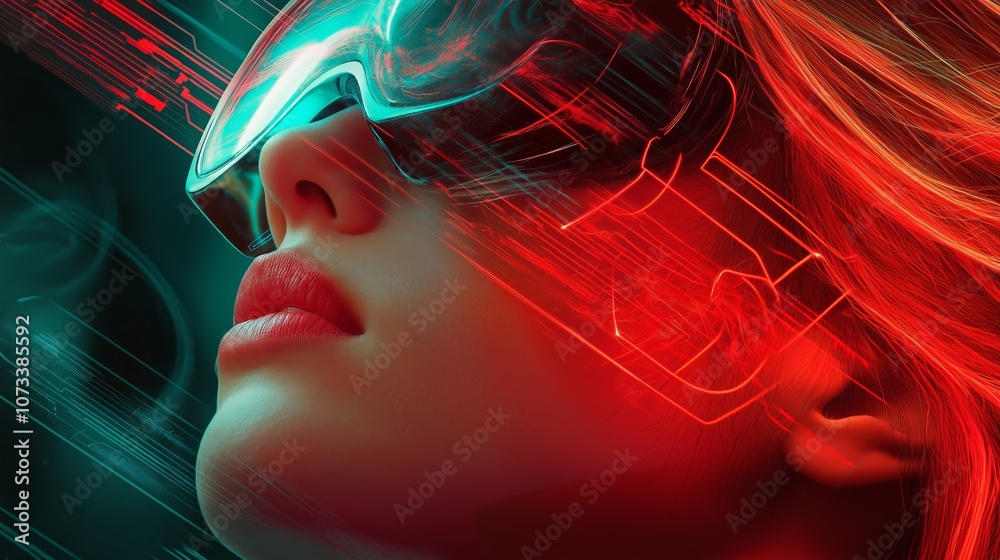 Poster girl in hi-tech vr glasses with elements of artificial intelligence. background in a high-tech style