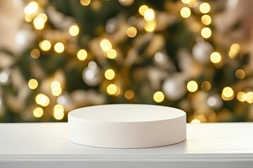 White empty table top in front, blurred christmas tree background. Xmas celebration banner with empty space. White holiday backdrop with generative ai
