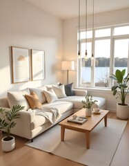 A cozy and inviting living room with a large beige sectional sofa, a wooden coffee table, and a potted plant.