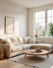 A cozy and inviting living room with a large beige sectional sofa, a wooden coffee table, and a potted plant.