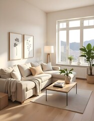 A cozy and inviting living room with a large beige sectional sofa, a wooden coffee table, and a potted plant.