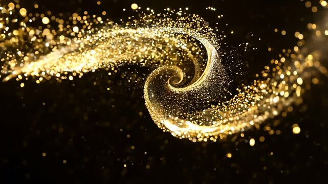 4k Animation of the appearance of gold particles that form into a spiral shape on the black background.	
