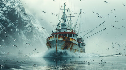 Fishing Boat in Arctic Waters with Seagulls
