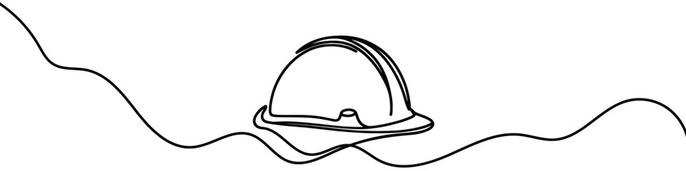 One continuous line illustration of a safety helmet, isolated on white background. Line art of safety helmet