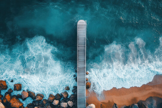Aerial view of a wooden pier extending into blue ocean waves crashing against rocks on a sandy beach, creating a dynamic and serene coastal scene.