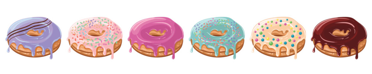 Delicious fresh donut with glossy white glaze and decorated with colorful sprinkles. Vector isolated image. Sweet pastries. Glazed doughnuts top view collection for cafe decoration or menu design.