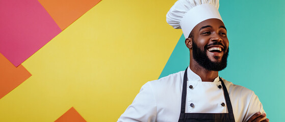 Happy African American Chef in White Uniform and Hat Smiling Against Colorful Background, Happy African American Chef in White Uniform and Hat Smiling Aga